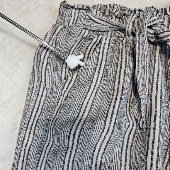 SO High Rise Wide Leg Linen Striped Pants Navy Ivory Women's Size Large - Picture 4 of 13